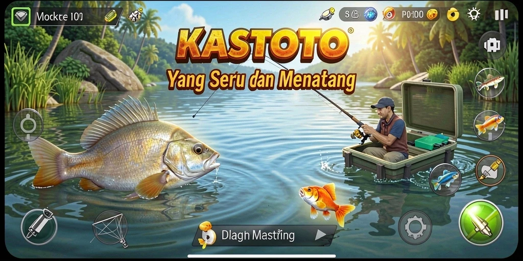 Tampilan gameplay <strong>KASTOTO</strong> yang menakjubkan saat memancing di danau.