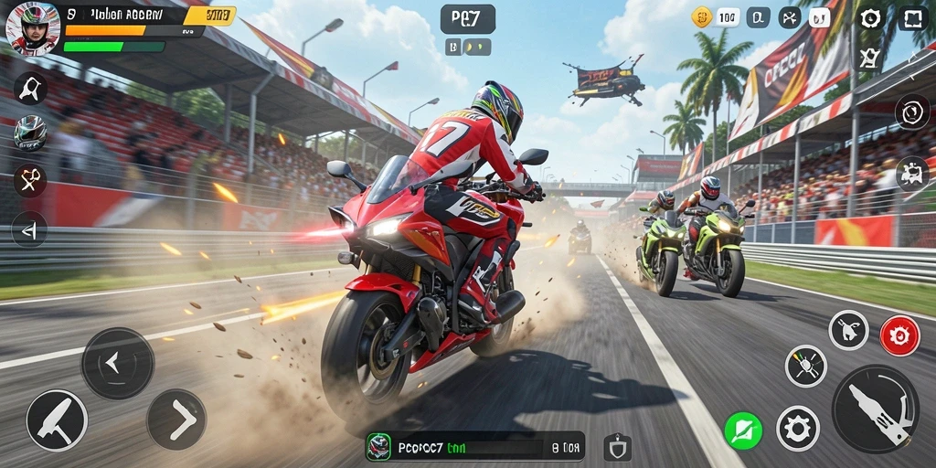 Tangkapan layar utama PCPC7 menampilkan aksi balapan motor yang mendebarkan.